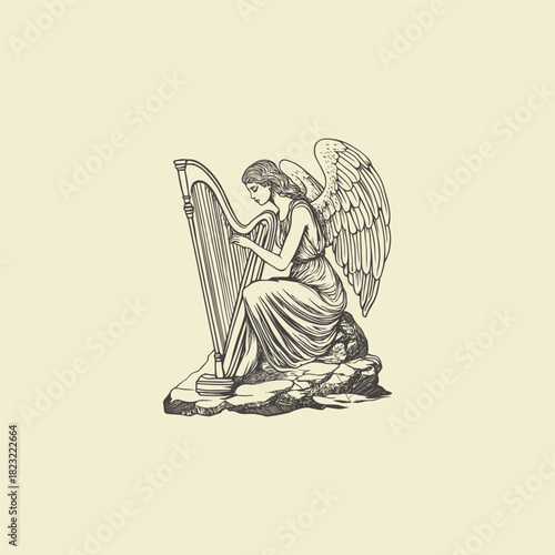 illustration of a serene winged woman or angel sitting on a log or tree stump, playing a large harp with flowing hair and dress