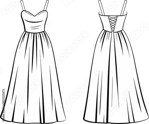Women’s long dress fashion sketch, front and back view illustration, sweetheart neckline and corset detail for formal wear and garment design