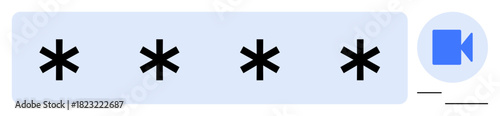 Four asterisks representing a password field and video call icon symbolizing security, privacy, and virtual interaction. Ideal for digital security, data privacy, online access, communication, remote