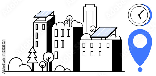 Cityscape with solar-panel rooftops, greenery, clock, navigation marker. Ideal for environment, sustainability, eco-living, energy efficiency, city planning green technology modern architecture