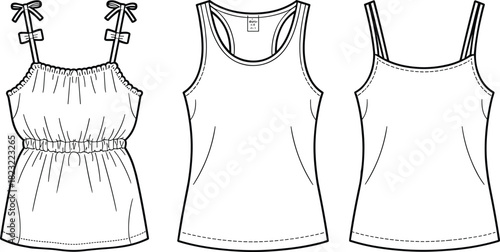 Women’s sleeveless tops fashion sketch, tank top and ruffle strap variations, black and white garment illustration for apparel design and sewing patterns
