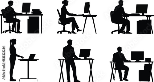 Workstation silhouette vector set with six ergonomic postures, seated and standing desk setups for office design, productivity, and tech illustration