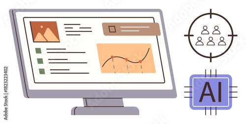 Computer screen displaying analytics, graphs, and data insights. Nearby, AI chip and audience target icons. Ideal for AI, data analysis, marketing, automation technology business innovation