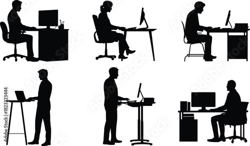Workstation silhouette vector set with six ergonomic postures, seated and standing desk setups for office design, remote work, and tech illustrationWorkstation silhouette vector set with six ergonomic