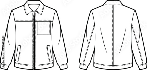 Zip-front casual jacket fashion flat sketch, front and back view, collar, patch and welt pockets, topstitch detail, black and white vector