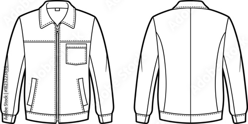 Zip-front casual jacket fashion flat sketch, front and back view, collar, patch and welt pockets, topstitch detail, black and white vector