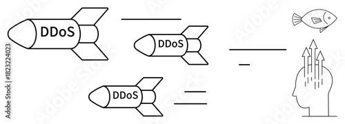 DDoS cyberattack visualization. DDoS attacks as rockets targeting abstract symbols. DDoS in cybersecurity highlighting impacts and conceptual framework. For IT security, network safety, digital