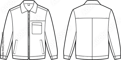 Zip-front jacket fashion flat sketch, front and back view, flap chest pocket, welt pockets, yoke seam, black and white vector illustration