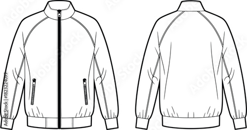 Zip-front jacket fashion flat sketch, front and back view, high collar, ribbed cuffs and hem, side zip pockets, black and white vector