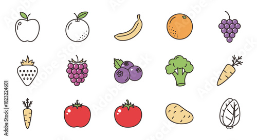 Fruit and Vegetable Line Icon Set
