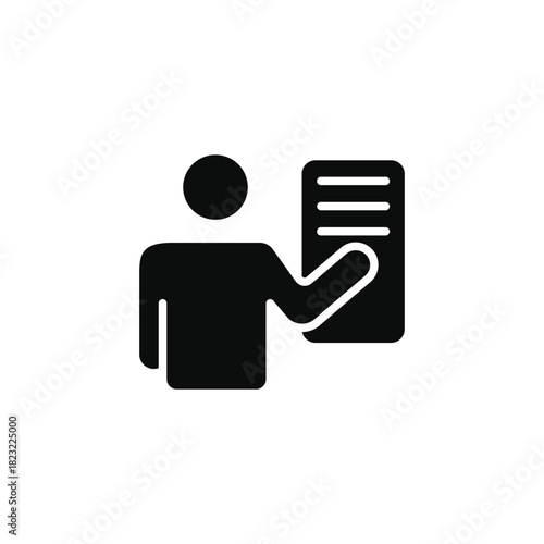 A solid presentation icon showing a person teaching with a board. Ideal for training, instruction, education, learning materials, workshops, business presentations, and professional guidance visuals.