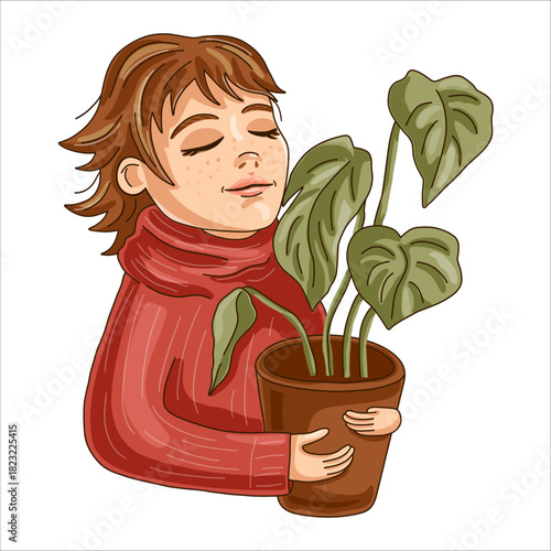 Female person with potted plant isolated on white background. Vector illustration.