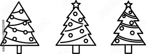 Three simple cartoon christmas trees with stars and ornaments on white background