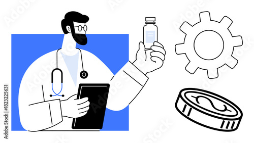 Male doctor holding medicine bottle, clipboard in hand. Gear and coin symbols highlight research, innovation, economy. Ideal for healthcare, technology, research, finance innovation economy