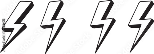 Four stylized black and white lightning bolts with a subtle 3d effect, arranged in two pairs, symbolizing power, energy, and speed