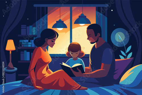 Cozy family time reading bedtime stories together in peaceful home setting, creating heartwarming memories and fostering imagination for story telling projects