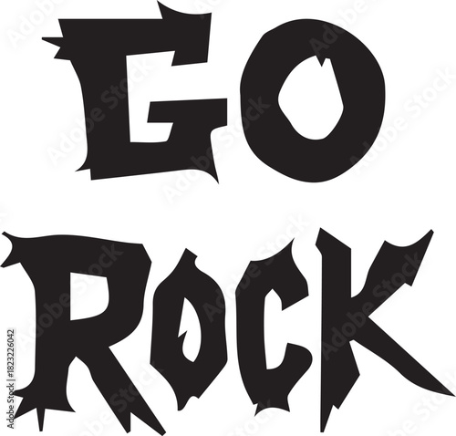 Dynamic black go rock text, rendered in a jagged, distressed font, stands out on a clean, capturing the raw energy and rebellious spirit of rock and roll music