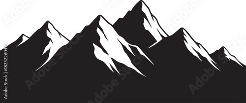 Black and white illustration of a mountain range with jagged peaks and snow-capped summits against a white background.