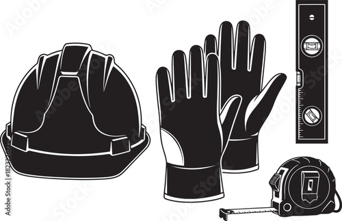 A black and white illustration depicting essential construction and safety gear a hard hat, protective gloves, a spirit level, and a tape measure, crucial for site work