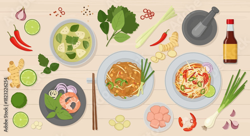 Traditional Thai Cuisine Flat Lay