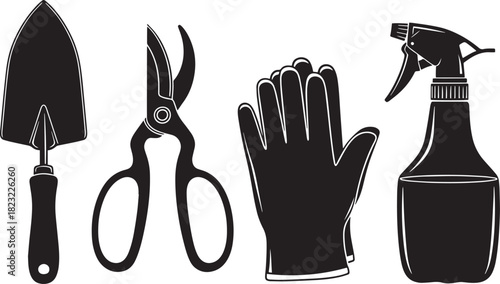 Essential gardening tools set hand trowel, pruning shears, protective gloves, and a spray bottle, all depicted as black silhouettes