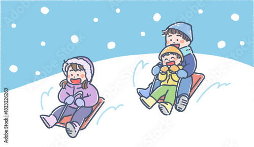 青い空と、雪の中をソリで遊ぶ男の子と女の子のイラスト
