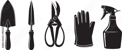 A collection of essential gardening tools, including a trowel, transplanter, pruning shears, gloves, and a spray bottle, depicted as black silhouettes