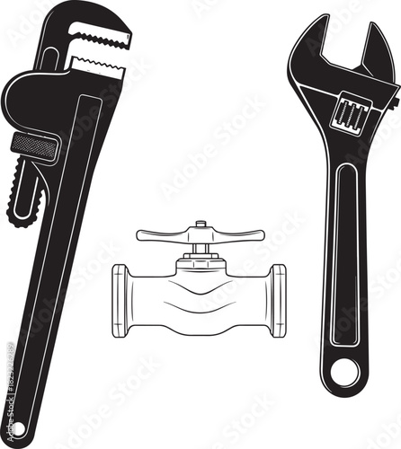 Black silhouettes of a pipe wrench, an adjustable wrench, and a valve, essential tools for plumbing and mechanical work, presented on a clean, isolated