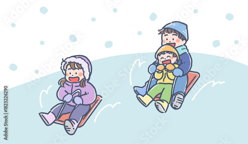 白い空と、雪の中をソリで遊ぶ男の子と女の子のイラスト