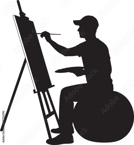 Silhouette of a male artist wearing a cap, sitting on an exercise ball, and intently painting on an easel with a brush and palette