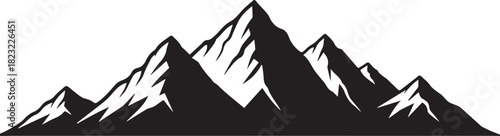 Silhouette of a mountain range with jagged peaks and snow-covered ridges against a white background.