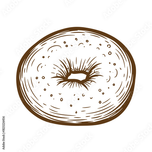 Hand drawn sketch illustration of a delicious fresh bagel in brown color isolated on white