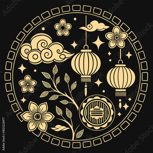 Golden Circular Design with Asian Motifs on Black Background culture tradition