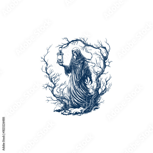 Mystical vintage vector illustration of an old man, wizard, or hermit in a hooded robe, holding a glowing lantern, standing amongst bare, thorny trees