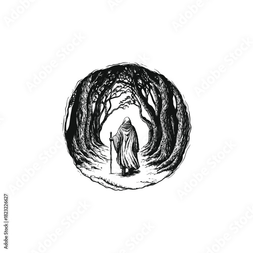 Mystical vector illustration of a solitary figure in a hooded robe walking with a staff down a pathway, surrounded by an ancient, dark forest canopy