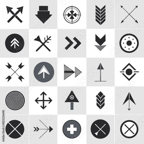Grid of 25 black and grey icons representing arrows targets and symbols on a light grey background vector