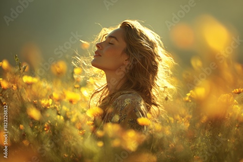 Celebrating life's simple joys with golden sunlit smiles. Blockbuster art. A woman's joyful stance in a sun-drenched field. Poster graphics. Movie cover.