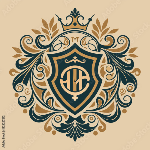 Heraldic crest with crown and ornate swirling floral elements coat of arms emblem
