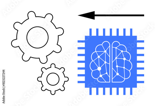 Artificial intelligence. AI visual ed by a chip and neural network. Gears automation processes with direction. For technology, automation, AI, robotics, machine learning