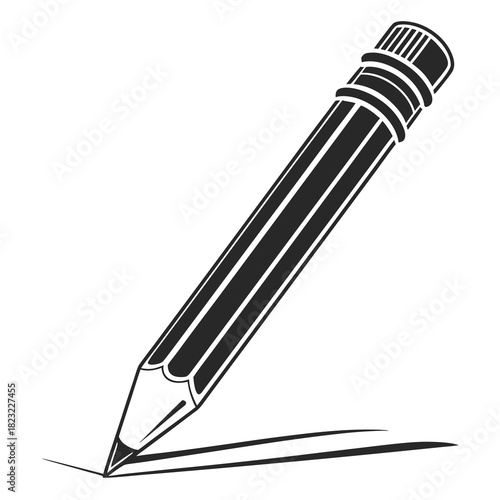 A classic graphite pencil with a pink eraser and metal ferrule is shown in a stark black and white illustration drawing a simple line on a white background