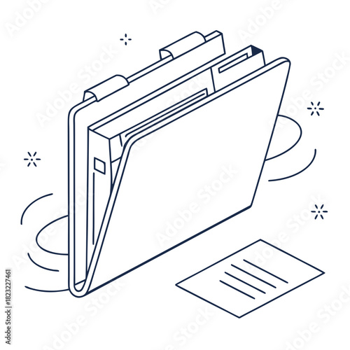 Clean line art isometric illustration of an open file folder with documents inside and a separate paper on the side symbolizing organization and data management