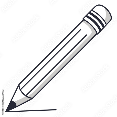 A simple black and white illustration of a graphite pencil with a pink eraser drawing a straight line on a white background