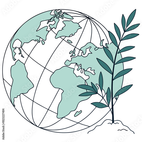 Stylized illustration of a green plant growing from soil next to a simplified outline of planet earth with latitude and longitude lines