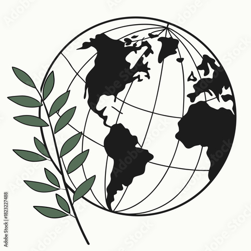 Stylized black silhouette of a globe with continents and a green olive branch symbolizing peace and global harmony on a white background