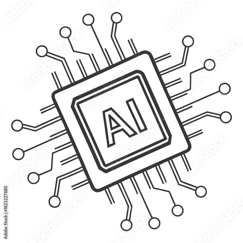 Stylized outline illustration of a central microchip with the letters ai prominently displayed on its surface surrounded by radiating circuit board lines and connection points