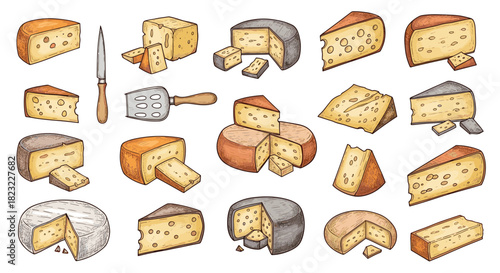 A vibrant collection of hand-drawn cheese illustrations featuring whole wheels, cut wedges, and blocks, along with a cheese knife and grater.