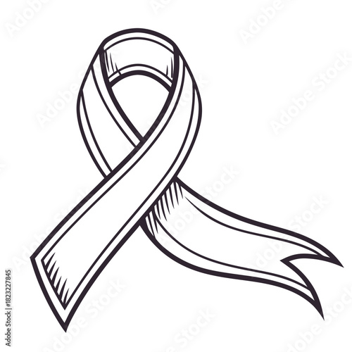 A simple black and white hand drawn illustration of a ribbon symbol representing awareness and support for various causes and campaigns