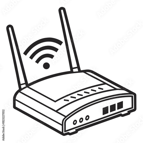 Modern wireless router with antennas and wi fi signal icon representing internet connectivity and home networking technology in a clean line art style