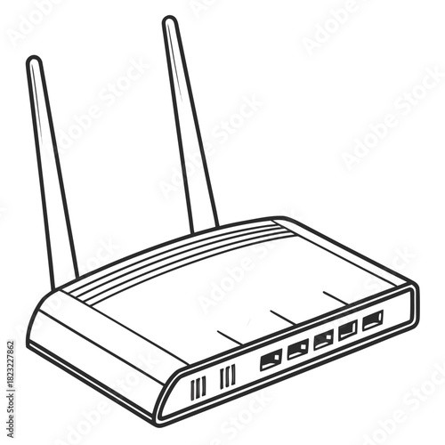 A black and white line drawing illustration of a modern wireless internet router with two antennas and multiple ethernet ports on the back for connectivity