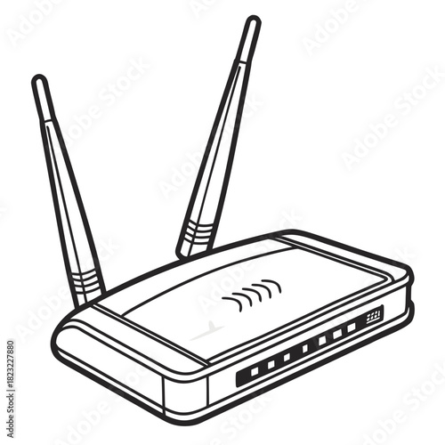 Modern wireless router with two antennas and indicator lights representing internet connectivity and home networking technology in a clean line art style